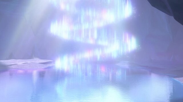 Luminous light reflections fill an icy cavern above calm underground water