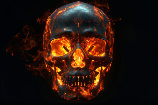 a human skull rendered in vibrant safety orange highlights against a void black background. Abstract occult and death concept.