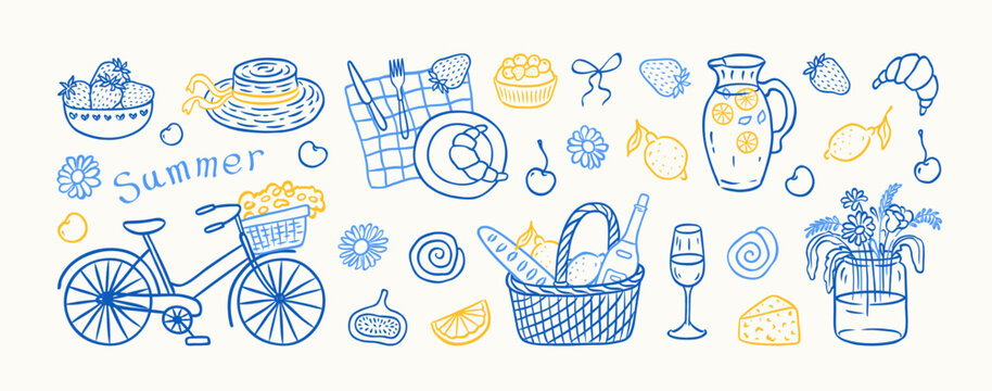 Set of sketch hand drawn summer picnic elements. Italian mediterranean aesthetic. Food, lemonade, blanket, bike, strawberry, cherry, wine, croissant, basket, lemon, plate. Vector illustration