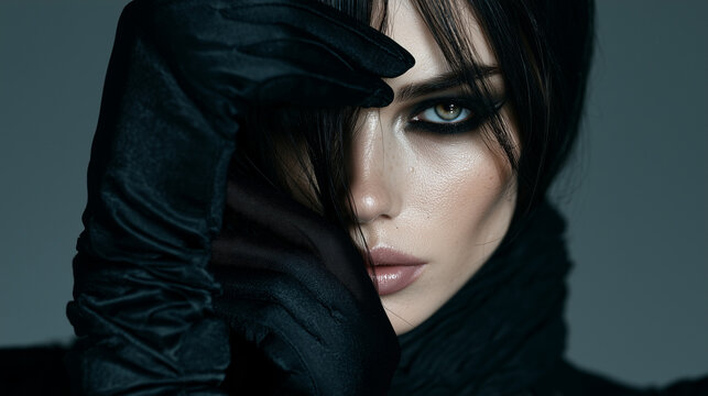 Attractive young fashion model with elaborate gothic makeup and long black gloves, dramatic eye makeup, pale complexion, dark lips, mysterious expression, elegant black Halloween