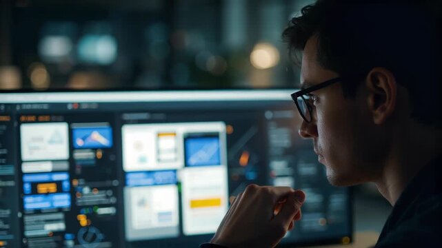 Man Reviewing Digital Dashboard with Colleague in Dim Office Cinematic Business Analytics Review