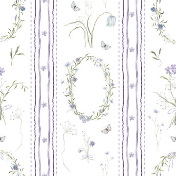 Seamless watercolor pattern with purple striped ribbons and delicate violet wildflowers. Repeat design with vertical stripes alternating with floral motifs phlox, lavender, and wild umbels.