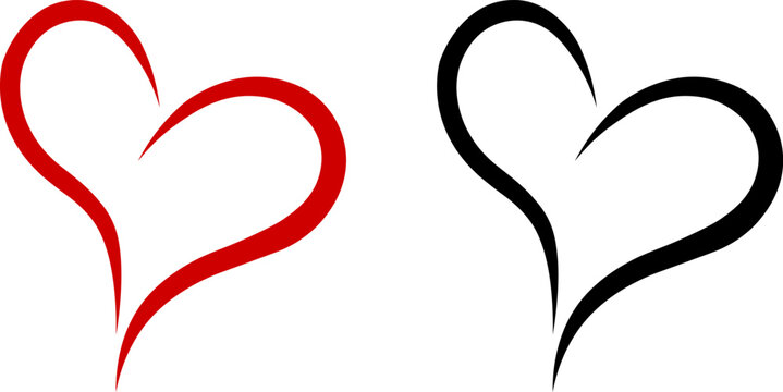 Two stroke heart vector set in red and black colors. Minimalist abstract heart logos with two separate curved brush strokes for modern love branding, tattoo design, and Valentine's Day