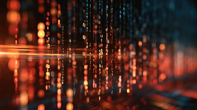 Data processing visualization with glowing binary numbers in vertical columns, warm orange‑yellow‑red digits on left fading to cooler tones on dark background, shallow depth of field, sharp central di