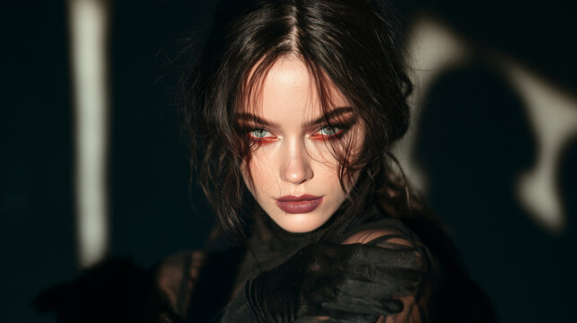 Gothic Vampire Halloween Makeup Attractive young woman with dramatic gothic vampire makeup at a Halloween party, pale complexion, intense smoky eyes, deep burgundy lips, subtle vam