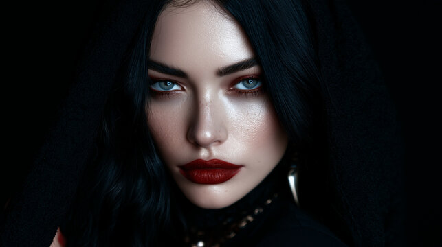 Dark Halloween Beauty Portrait Beautiful young woman wearing elaborate gothic vampire makeup for Halloween, sharp eyeliner, dark red lipstick, pale luminous skin, subtle Halloween