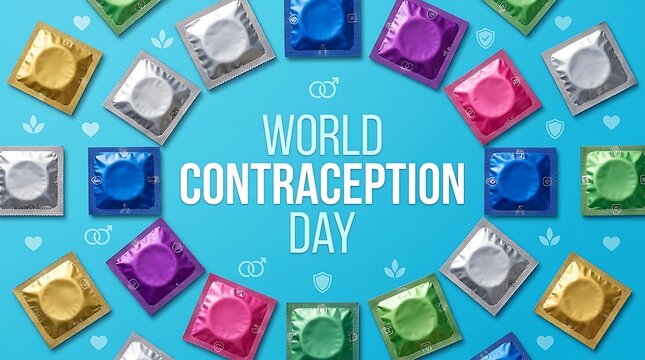 World contraception day background with colorful condom wrappers arranged in a circle on a blue surface, top view, flat lay