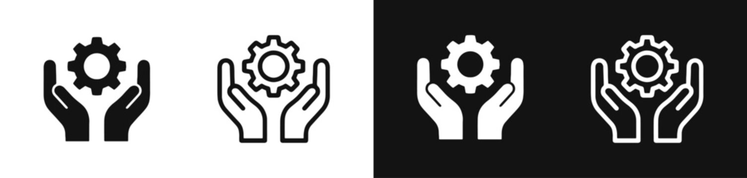 Hands holding gear icon set, industrial maintenance and support