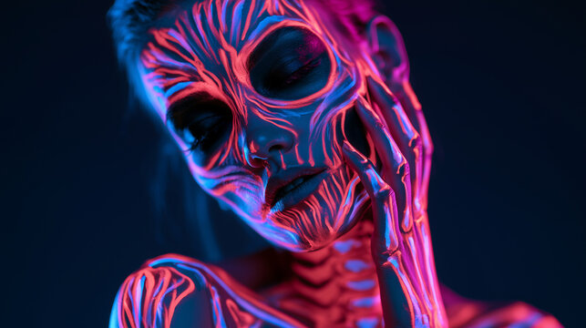 Attractive young woman wearing elaborate fluorescent skeleton body art for Halloween, glowing skeletal patterns across her face and upper body, UV-reactive makeup, striking black a