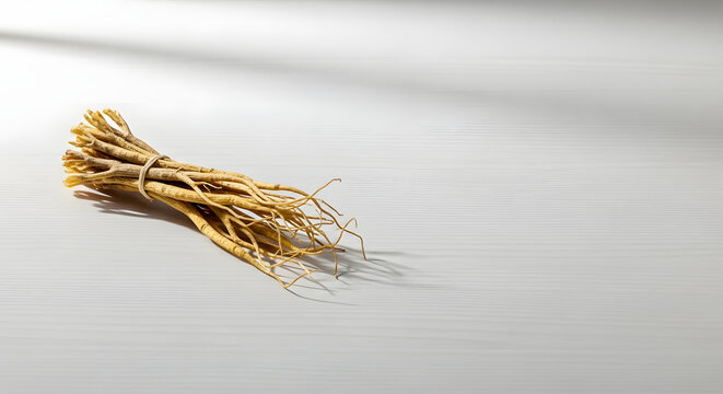 Bundle of dried wheat stalks on white.