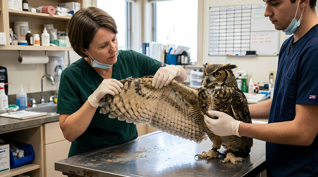 Professional Veterinarians Examine The Wing Structure Of A Large Owl Patient During A Routine Medical Checkup Inside A Busy Wildlife Rescue Clinic To Ensure Proper Healing And Injury Recovery