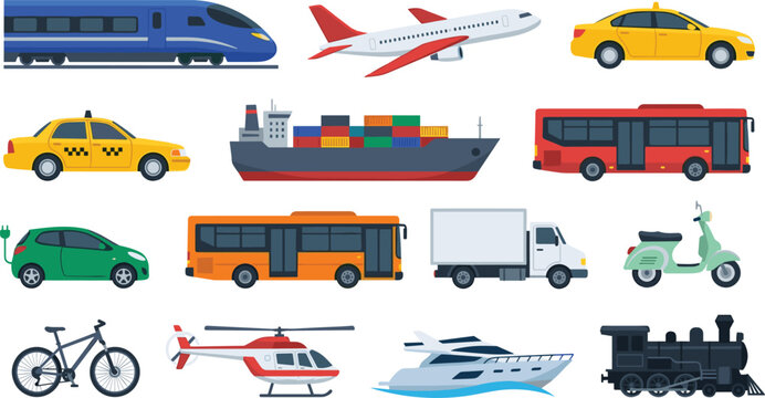 Transportation and logistics vehicle vector set with airplane train taxi bus ship and delivery truck,