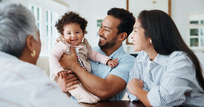 Baby, smile and grandparent visit in home, laugh and bonding with child for generational love in lounge. Family, portrait and affection for girl, care and happy people with senior mother in house