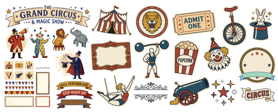 circus elements graphic design assets collection. vintage clip art illustrations, borders, frames and icons. use for circus , magic show promotional posters, tickets and design projects