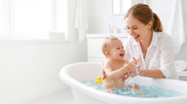 Mother bathing and playing with happy baby as baby care and bonding at bath time