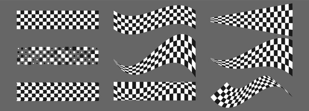 Speed checker caro with car action race for finish icon flag. Line set fast with element graphic swoosh for grunge motif backdrop. Background black banner with symbols stripe white for track.