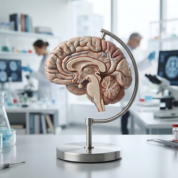 Anatomical model of a human brain on a metal stand in a laboratory setting with scientists working in the background