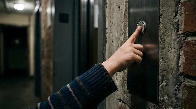 A Person Presses The Metal Button Of An Elevator Inside A Residential Hallway While Wearing A Striped Sweater And Reaching Forward To Call The Lift For Travel Within A Multi Story Apartment