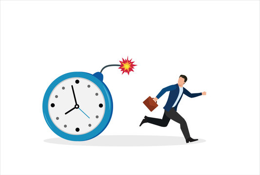 Time management, project deadline countdown or problem or trouble to deliver or launch product concept, fearful businessman running away from detonated time countdown bomb about to explode.

