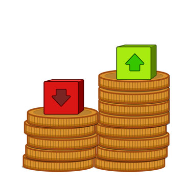 Financial growth and loss concept with coin stacks and arrows vector illustration