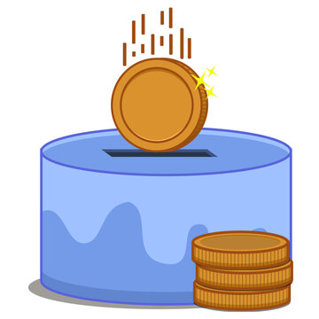 Gold coin falling into a blue money box vector illustration