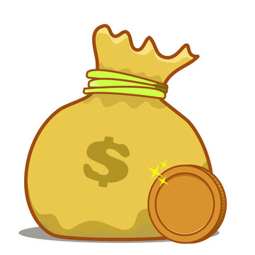 Cartoon Money Bag with Dollar Sign and Shiny Gold Coin Vector