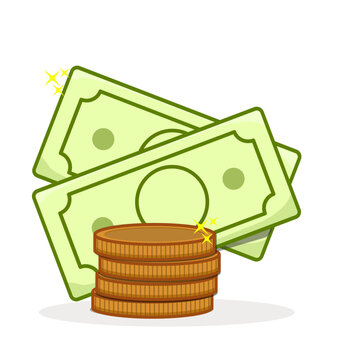 Vector illustration of green paper money bills and stacked gold coins