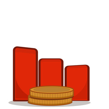 Red Declining Bar Chart Illustration with Stacked Gold Coins