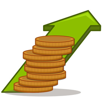 Stack of gold coins with green upward arrow representing financial growth