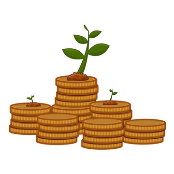 Money growth concept with green plant growing on coin stacks