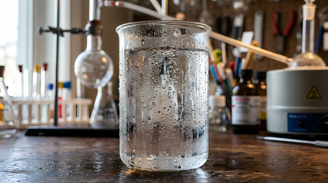 Clear Glass Beaker Filled With Distilled Liquid Water Showing Condensation Droplets Sitting Upon A Wooden Laboratory Workbench Surrounded By Various Scientific Glassware Instruments During An