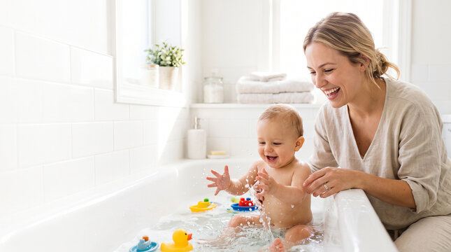 Mother bathing and playing with happy baby as baby care and bonding at bath time
