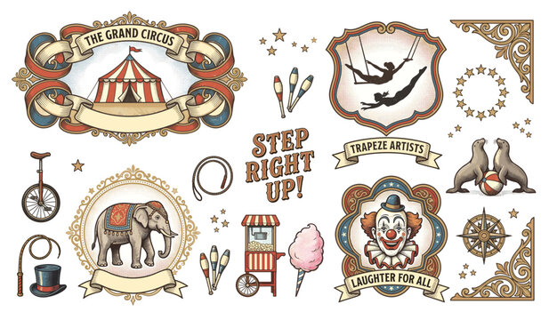 Collection of vintage circus and carnival emblems featuring retro illustrations of a lion, strongman, clown, and magician for a classic entertainment and fair theme