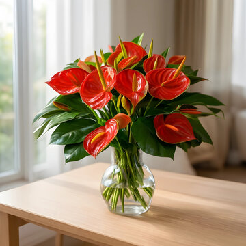Anthurium flower bouquet in a glass vase, tropical plant for home decor and interior design, vibrant red blossoms on wooden table