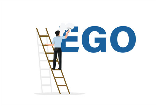 Reducing ego, cultivating humility, recognizing value in different perspective, being open to feedback and constructive criticism, businessman deflating word EGO

