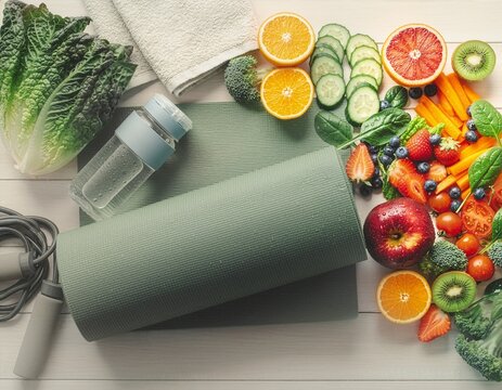 Frisches Obst und Gem&uuml;se kombiniert mit Sportger&auml;ten in Draufsicht f&uuml;r ein aktives Training, ausgewogene Ern&auml;hrung und einen gesunden Lifestyle