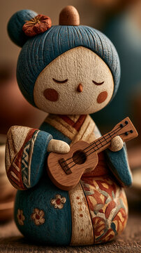 Wooden asian doll playing ukulele on the table
