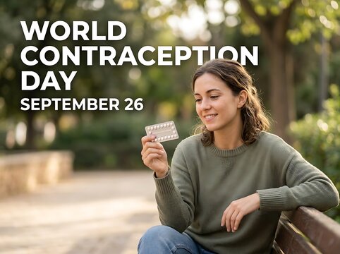 Young woman sitting on a park bench holding a pack of oral contraceptive pills, celebrating world contraception day on september 26th