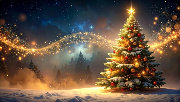 Verschneiter Weihnachtsbaum in einer stimmungsvollen Schneelandschaft bei Nacht mit glitzerndem Bokeh-Lichteffekt f&uuml;r festliche Weihnachtsgr&uuml;&szlig;e