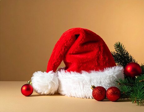 Rote Weihnachtsm&uuml;tze und gl&auml;nzende Weihnachtskugeln auf festlichem Hintergrund