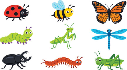 Naklejka premium Cute Insects Vector Set with Butterfly Bee Ladybug Caterpillar Mantis Dragonfly and Beetle Design Elements,