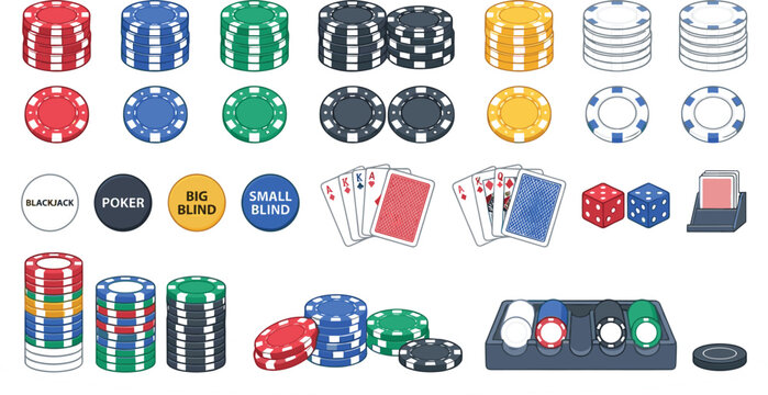 Casino poker chips and playing cards vector icons set with gambling dice