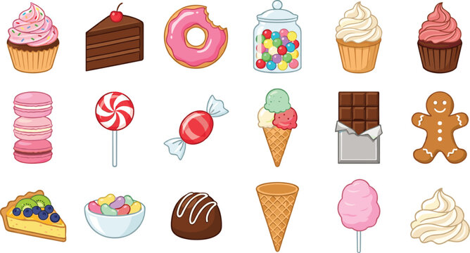 Sweet dessert and candy vector element set with cupcakes chocolate ice cream and bakery icons,