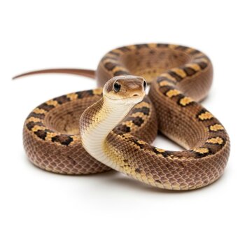 Coiled Brown Snake with Yellow Pattern Isolated on White Background