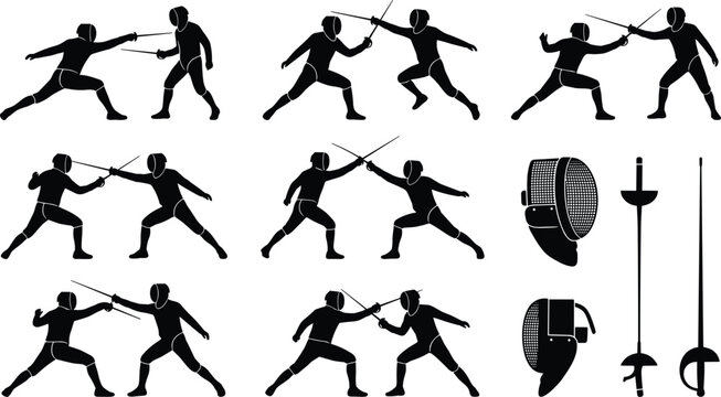 Fencing silhouette vector illustration set with fencer athlete duels masks and sword foils isolated on white background