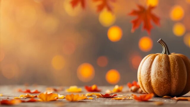 Autumn dinner still life pumpkin atmosphere background with yellow and red leaves AI Generative