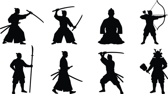 Black Samurai Silhouettes with Swords, Bows and Polearms in Traditional Combat and Meditative Poses