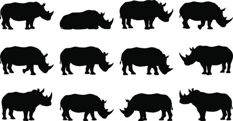 Obraz premium Black Rhinoceros Silhouettes in Standing, Walking and Resting Poses with Distinct Horn Shapes