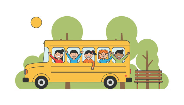 Happy children wave from the windows of a yellow school bus as it drives through a park on a sunny day during a fun group field trip.