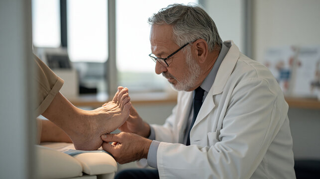 An elderly podiatrist examines foot calluses under examination lighting in a clinic while lab grown meat research pamphlets sit on a waiting room table visible through the glass